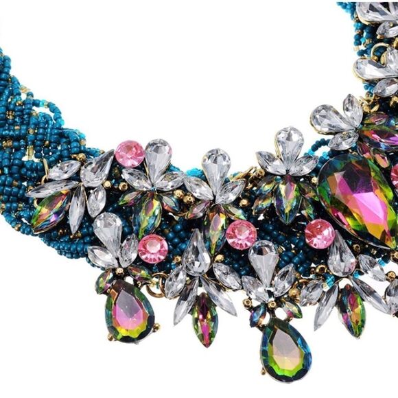 Silver with Green AB Austrian Crystal and Blue Beaded Chunky Collar Bib Necklace - Picture 2 of 5